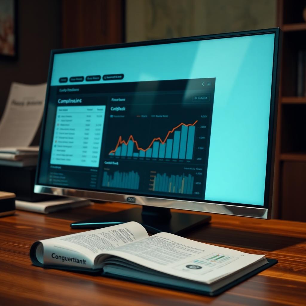 A compliance and RegTech dashboard on a screen beside a bound compliance manual