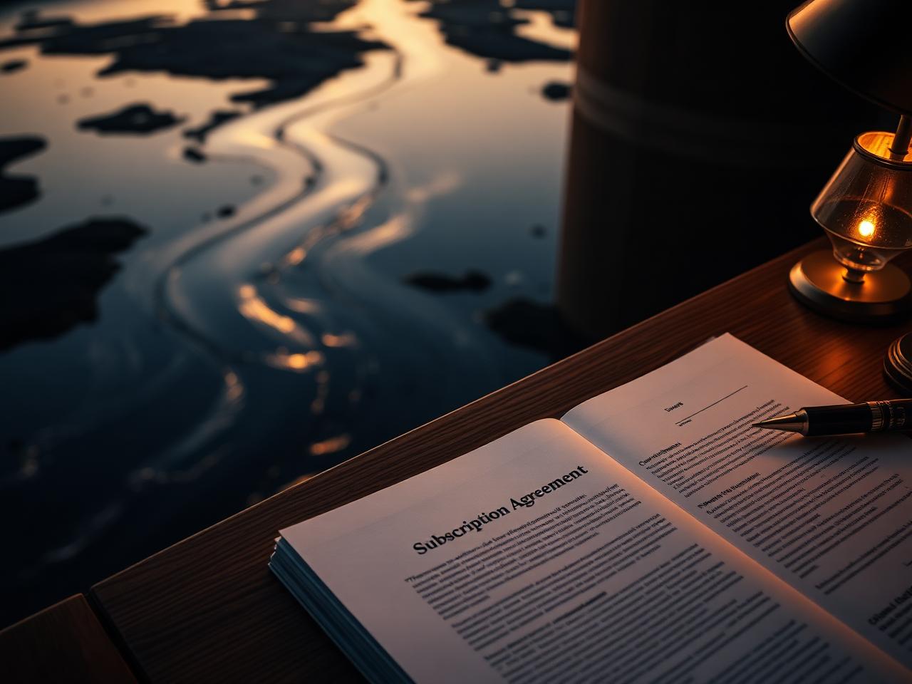 A subscription agreement on a walnut desk with an abstract aerial of channels flowing into a larger body of water