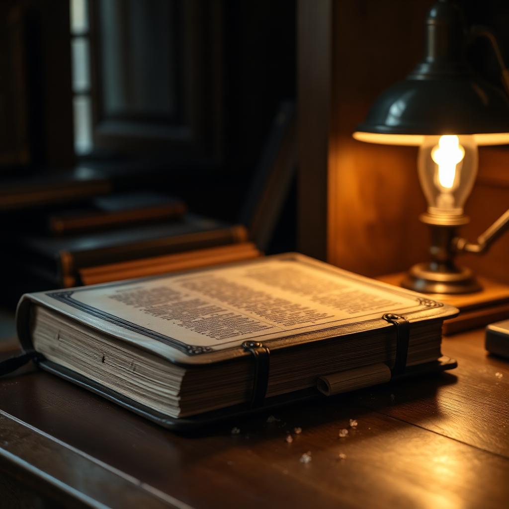A leather-bound insurance legacy ledger closed on a walnut desk beside a warm lamp