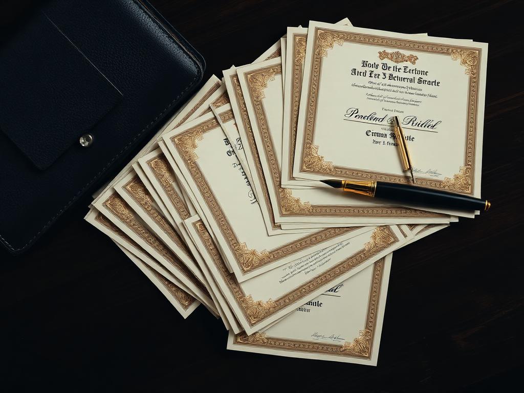 Stack of engraved bond certificates fanned across a dark desk with a fountain pen
