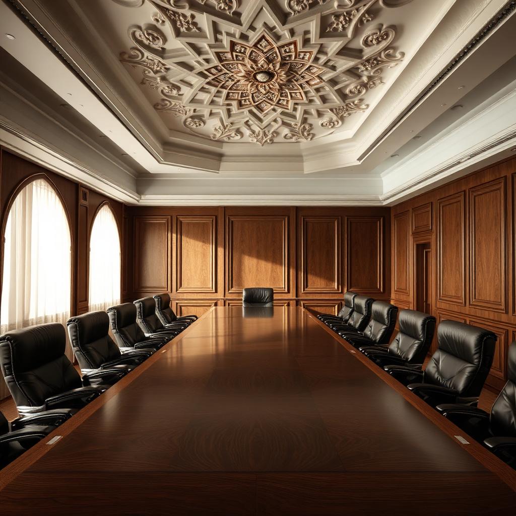 A Shari'a governance boardroom with dark walnut wood and an ornate Islamic ceiling detail
