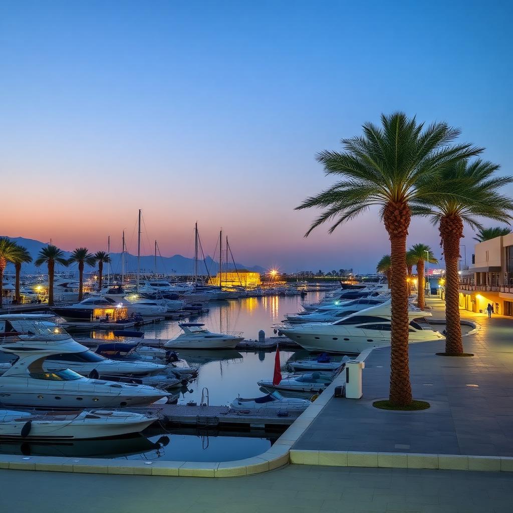 Al Mouj Marina at dusk, boats moored along the palm-lined promenade