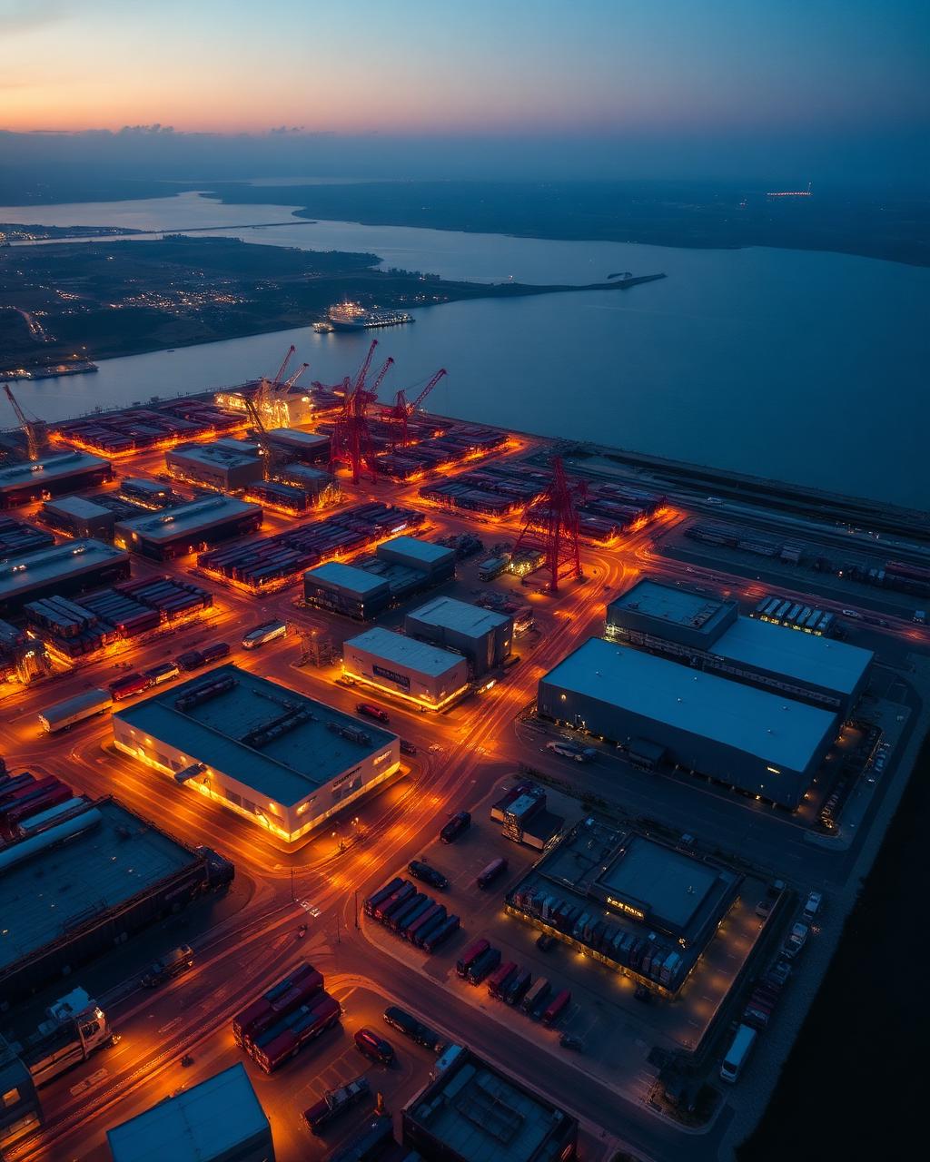 An aerial view of a corporate industrial port complex at dusk with warm lighting