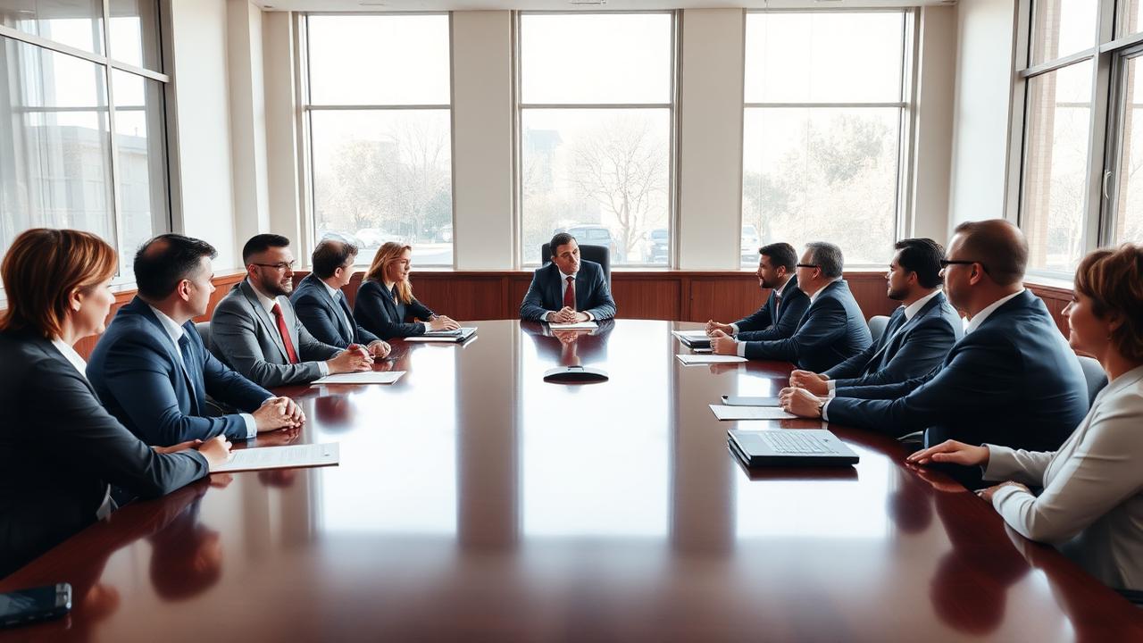 Contemporary boardroom meeting in progress with multiple professionals around a polished wooden table