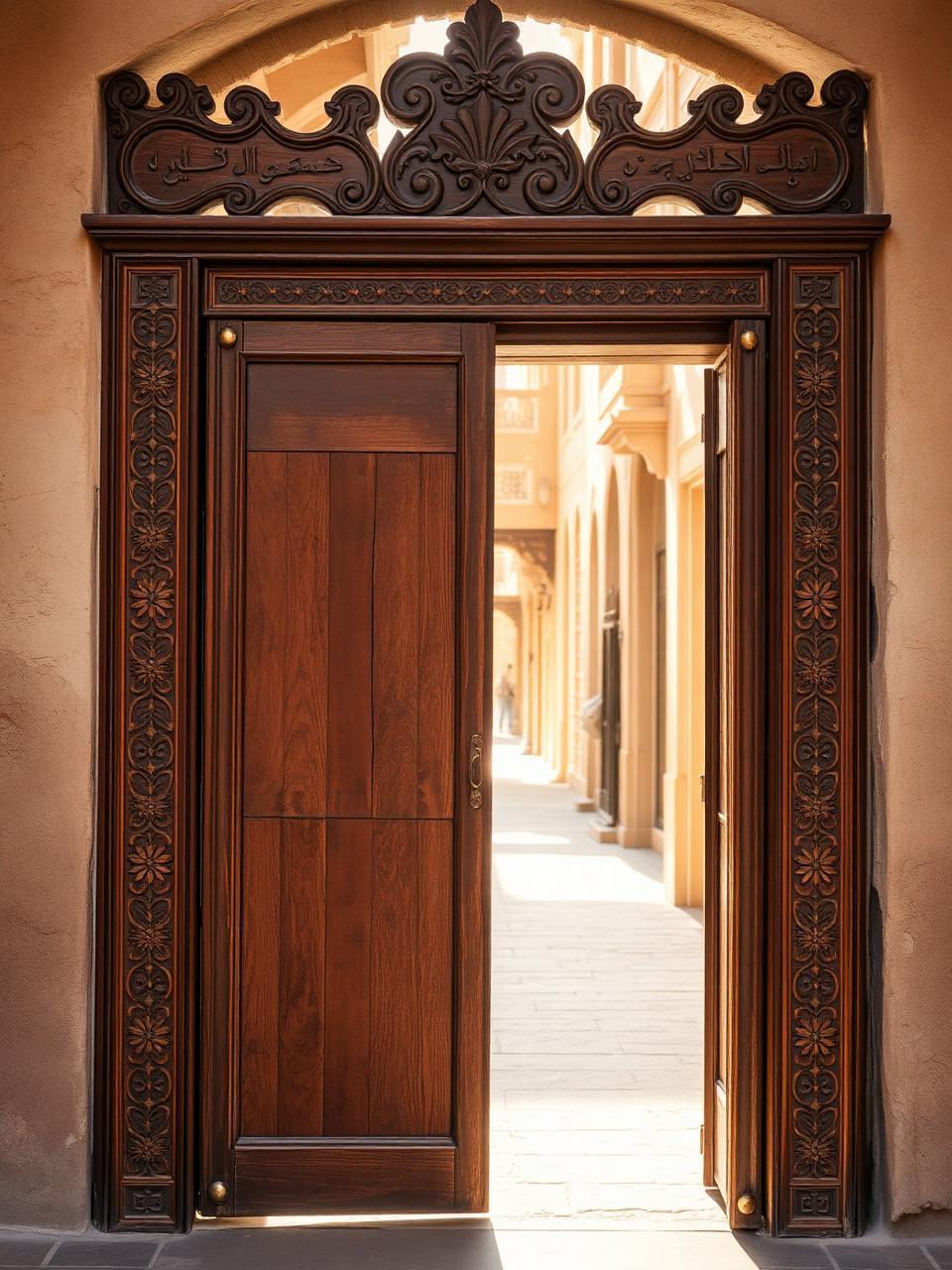 A traditional carved Omani door in the Muttrah Souq