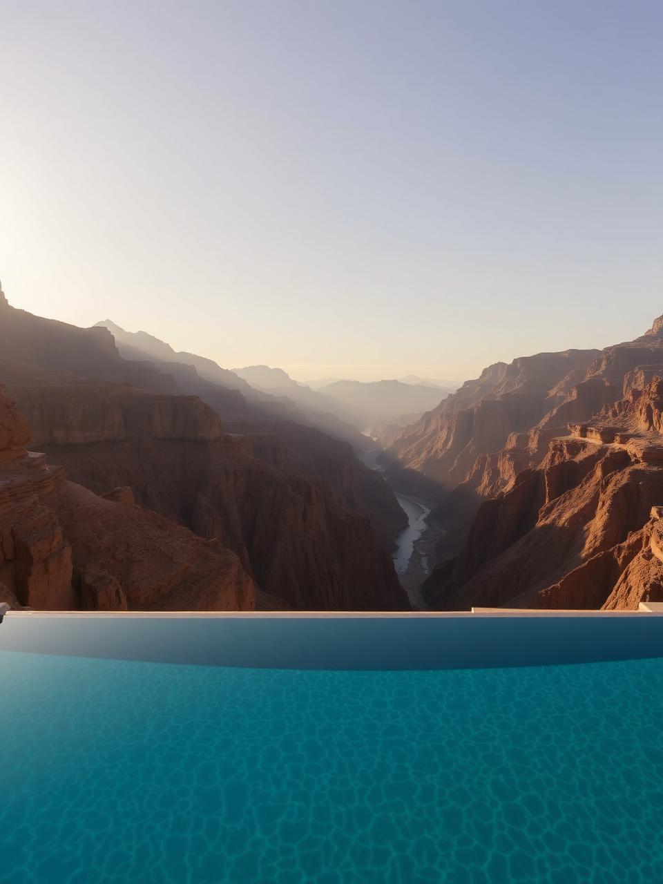 An infinity pool overlooking a Hajar Mountain canyon in Oman