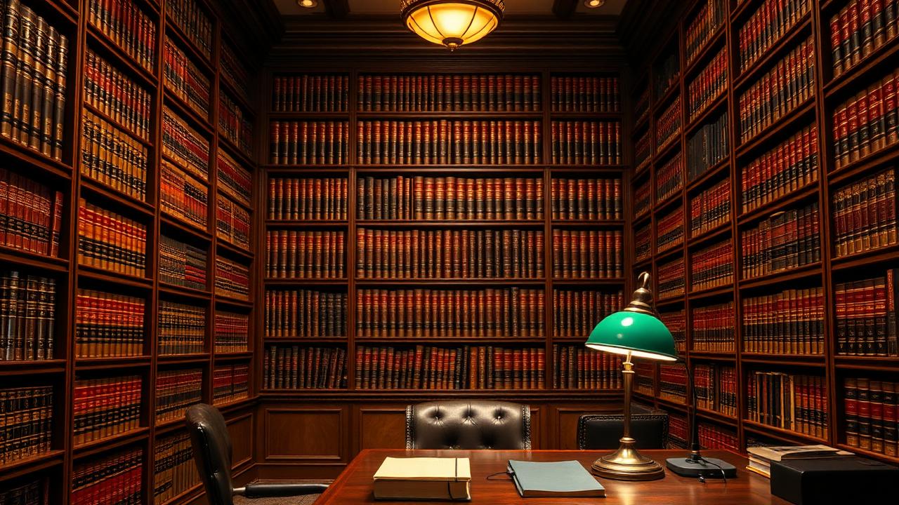 Leather-bound legal volumes lining wooden shelves in a high-end law library with a partner desk in the foreground