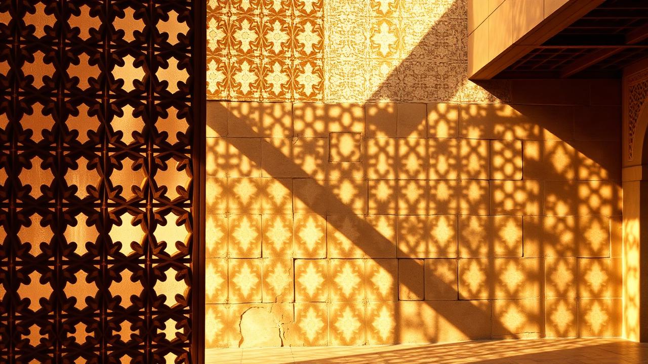 Intricate Omani geometric mashrabiya screen casting patterned shadows in warm golden light