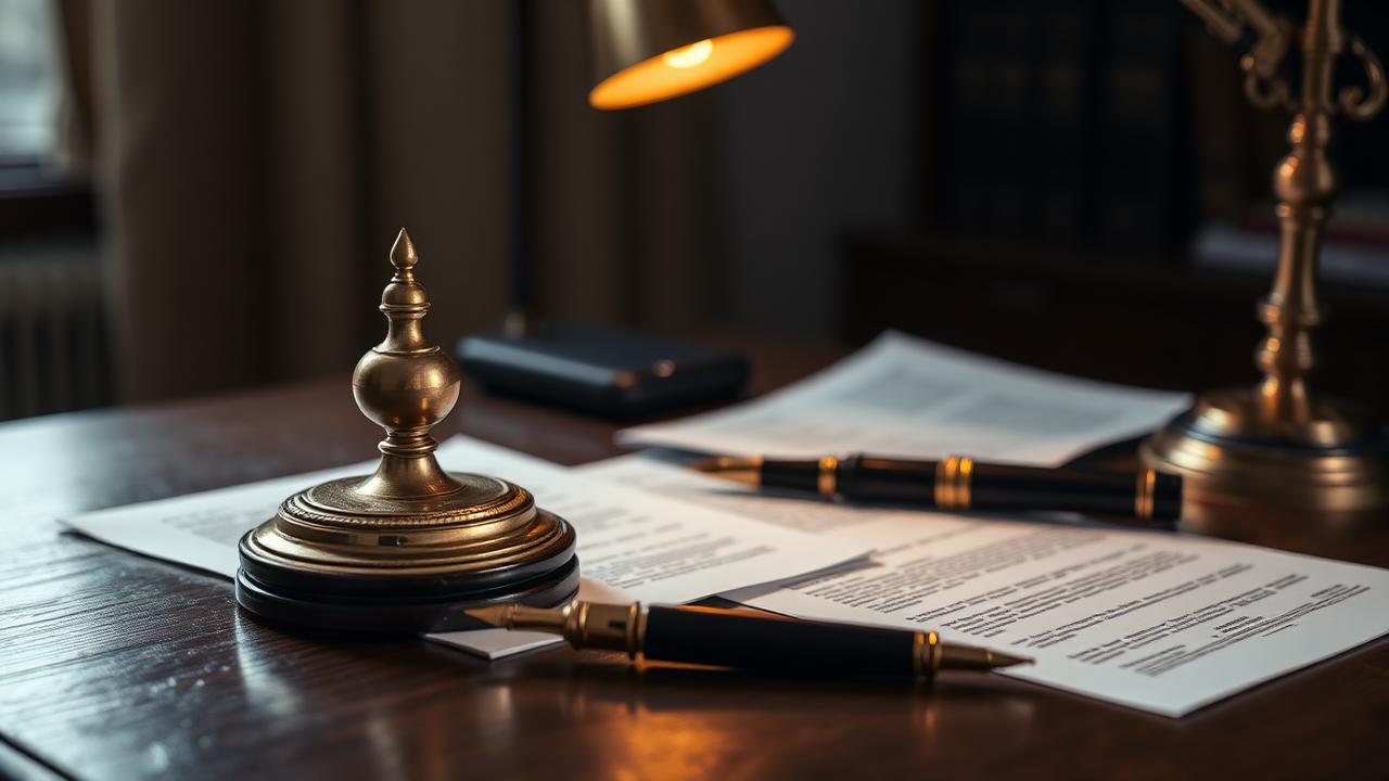 A brass paperweight and fountain pen on financial documents under a warm desk lamp