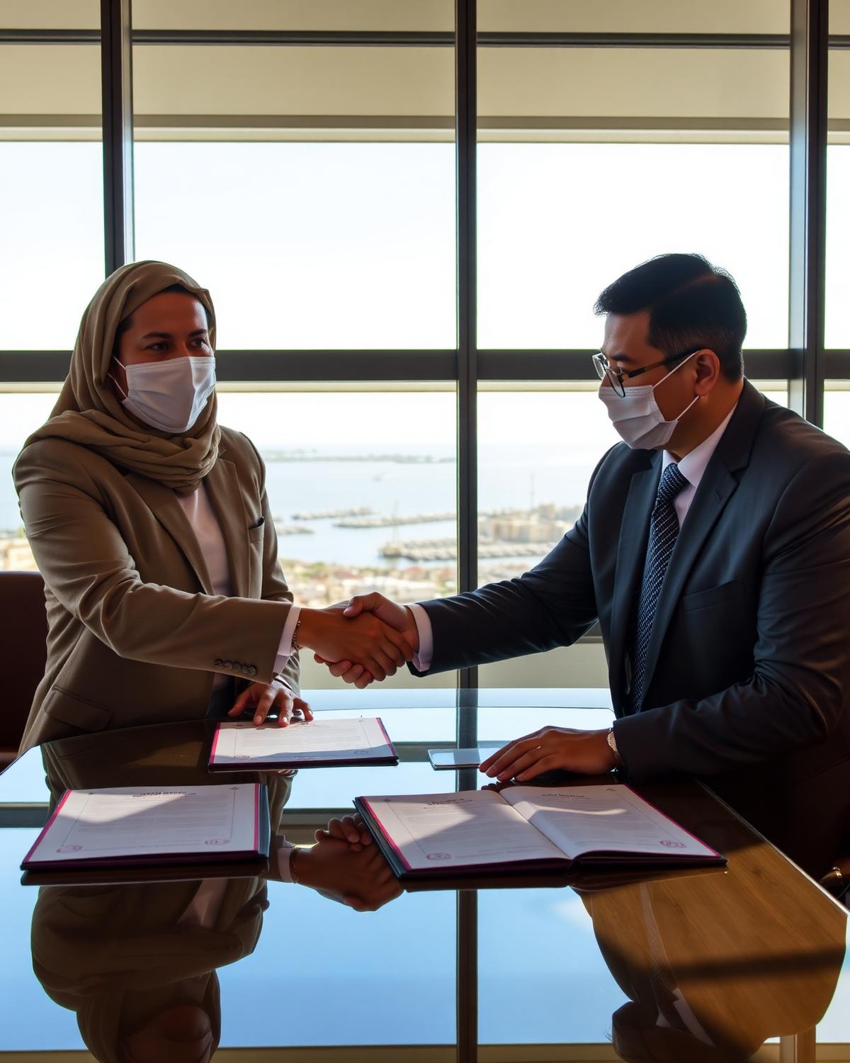 Two business professionals shaking hands over signed documents with a coastal city view