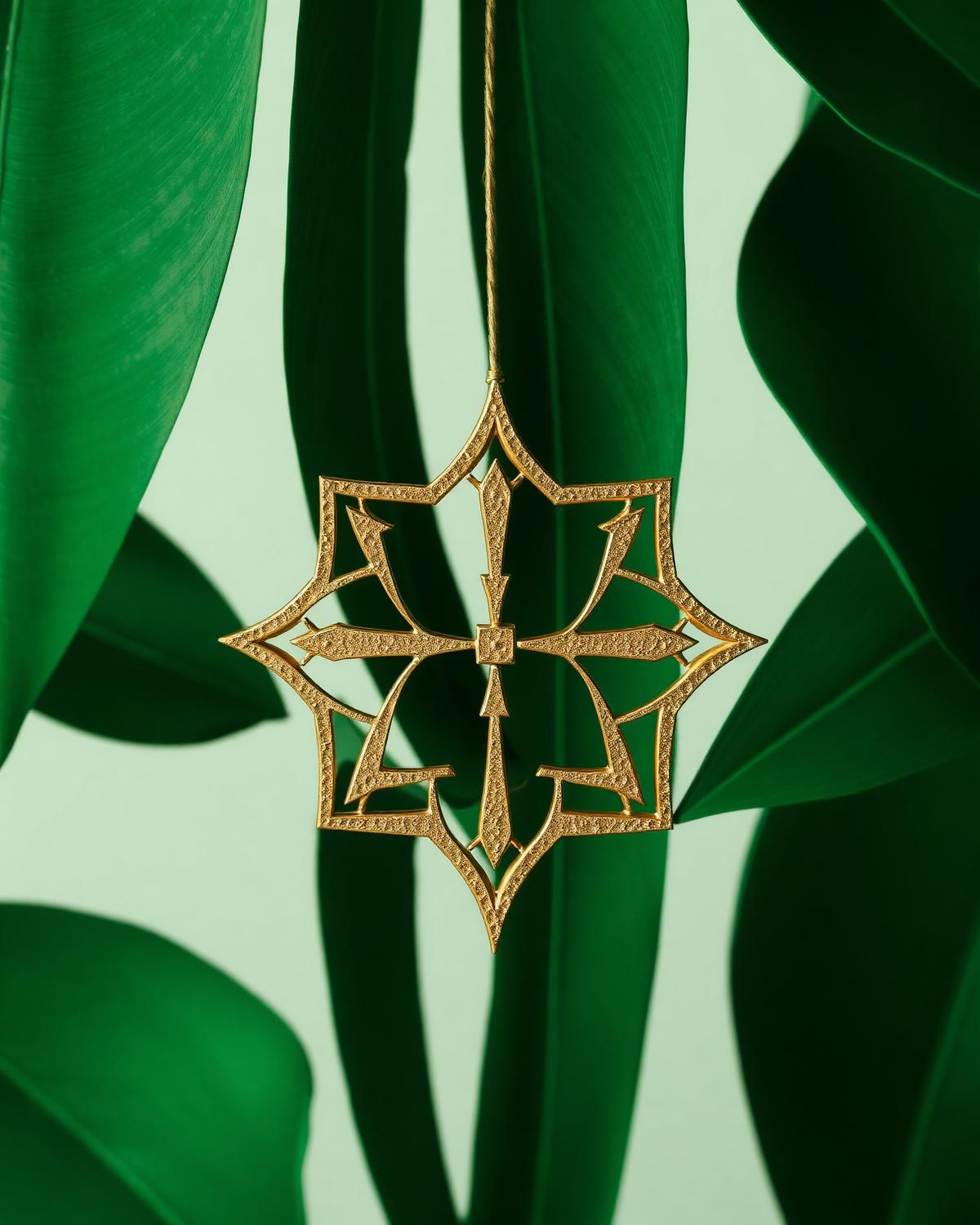 A golden Islamic geometric ornament suspended among deep green leaves