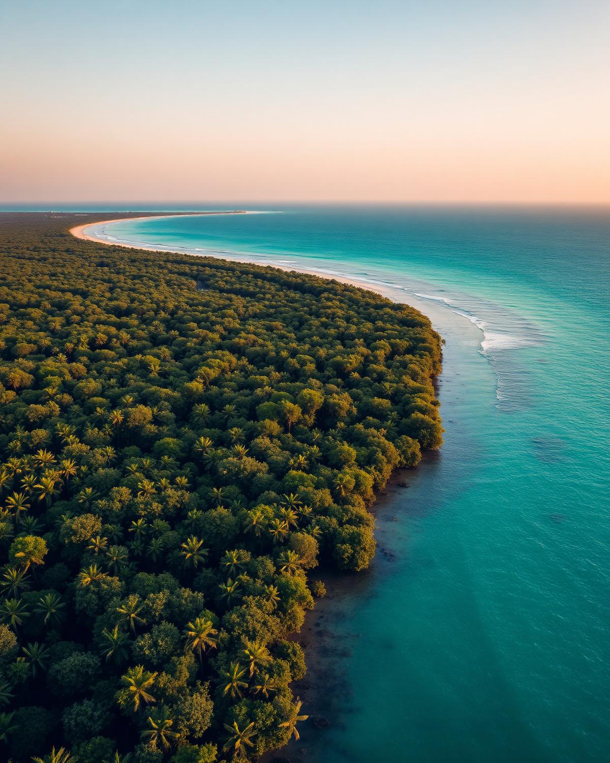 Aerial view of a lush green coastline meeting turquoise ocean at dawn
