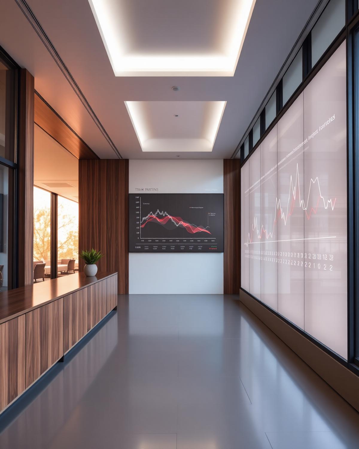 A modern investment boardroom with large screens showing abstract data visualisations
