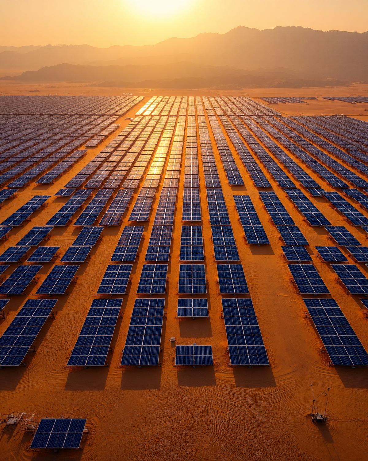 Aerial view of a vast solar farm in the desert at golden hour