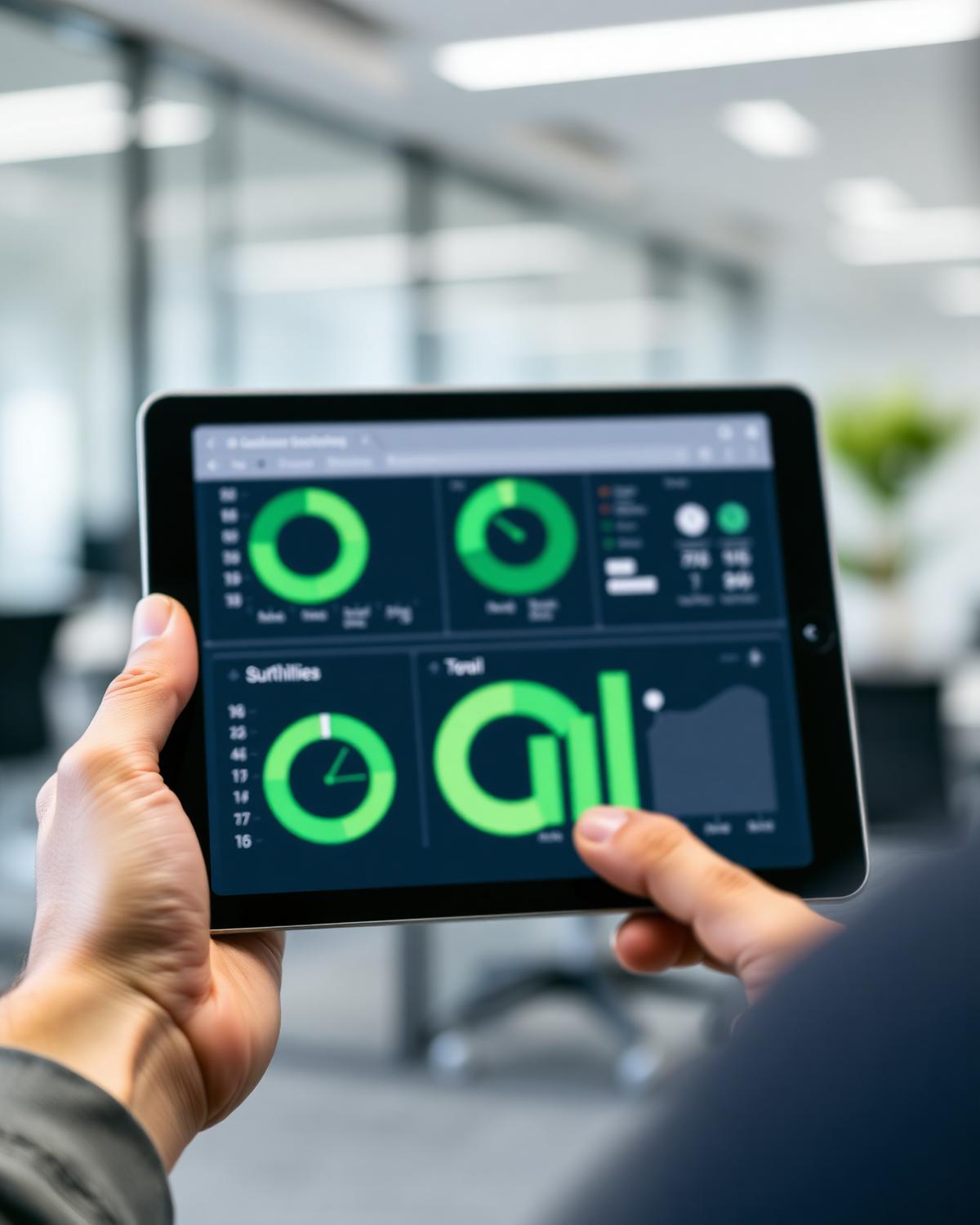 A professional reviewing ESG metrics on a tablet with green circular charts