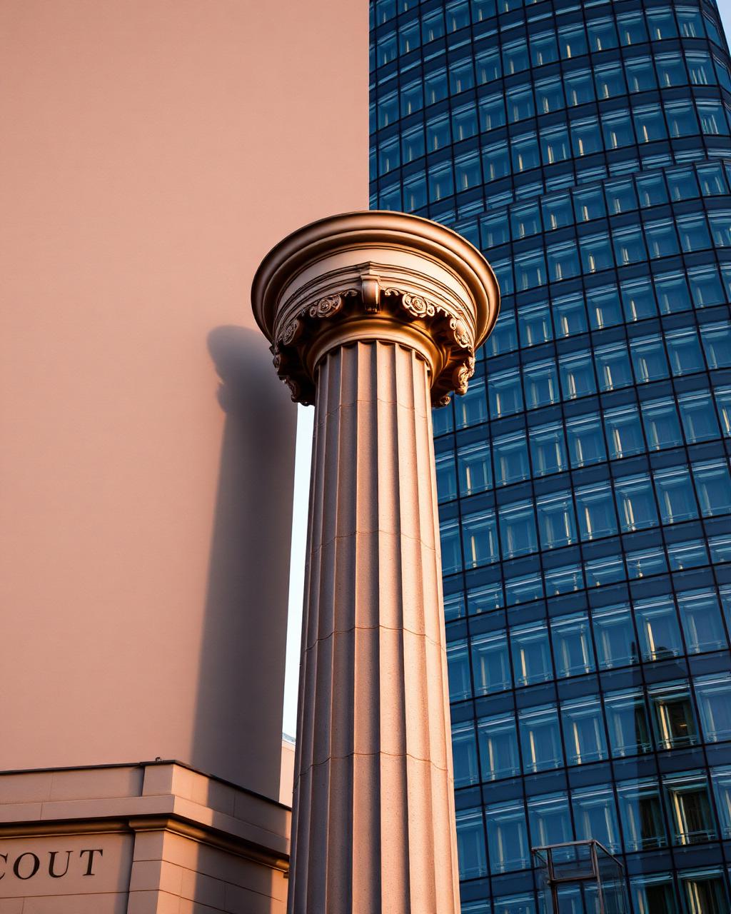 A classical stone column set against a modern glass tower, juxtaposing common law heritage with contemporary practice