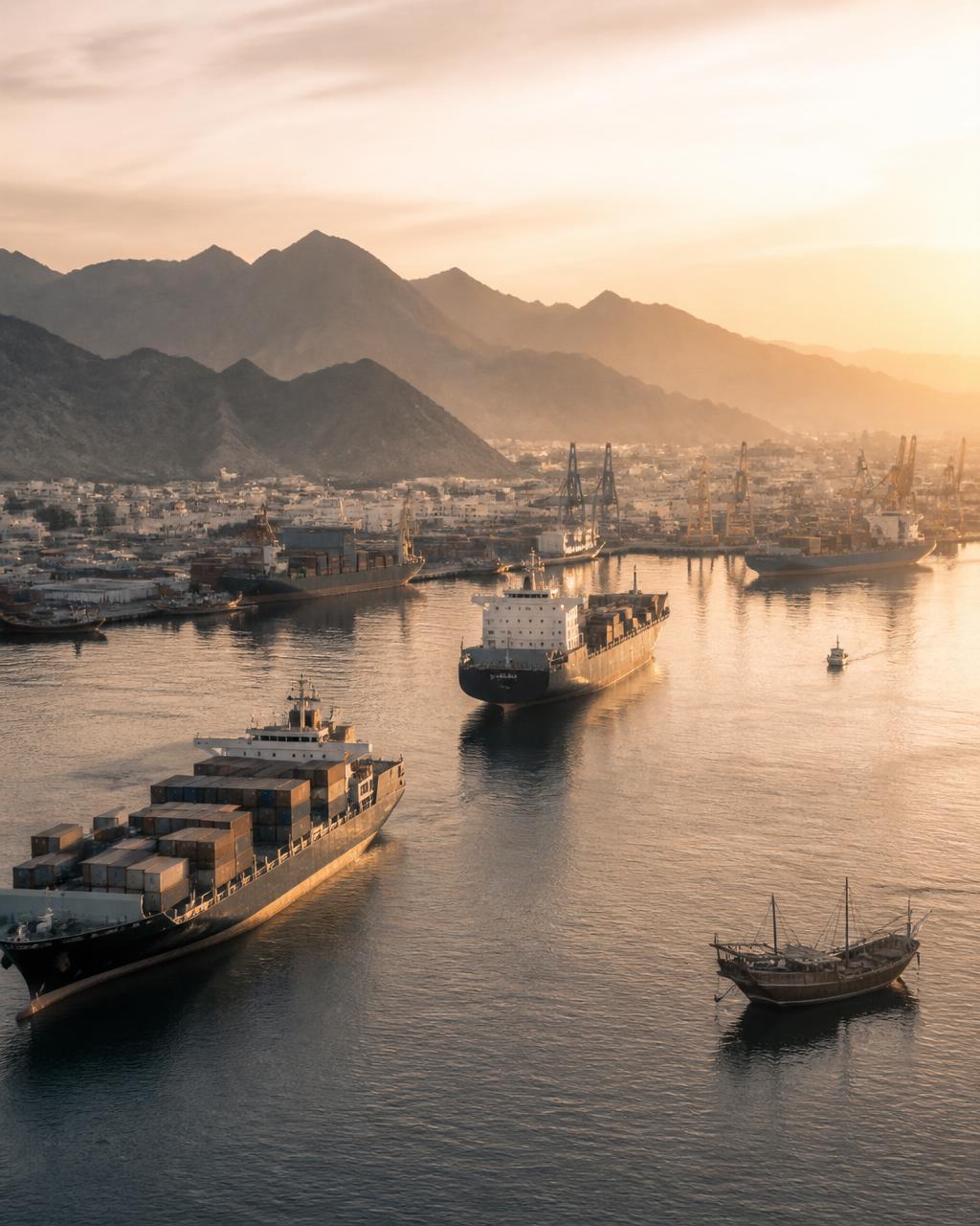 An aerial photograph of Muscat port at dawn with container ships and dhows