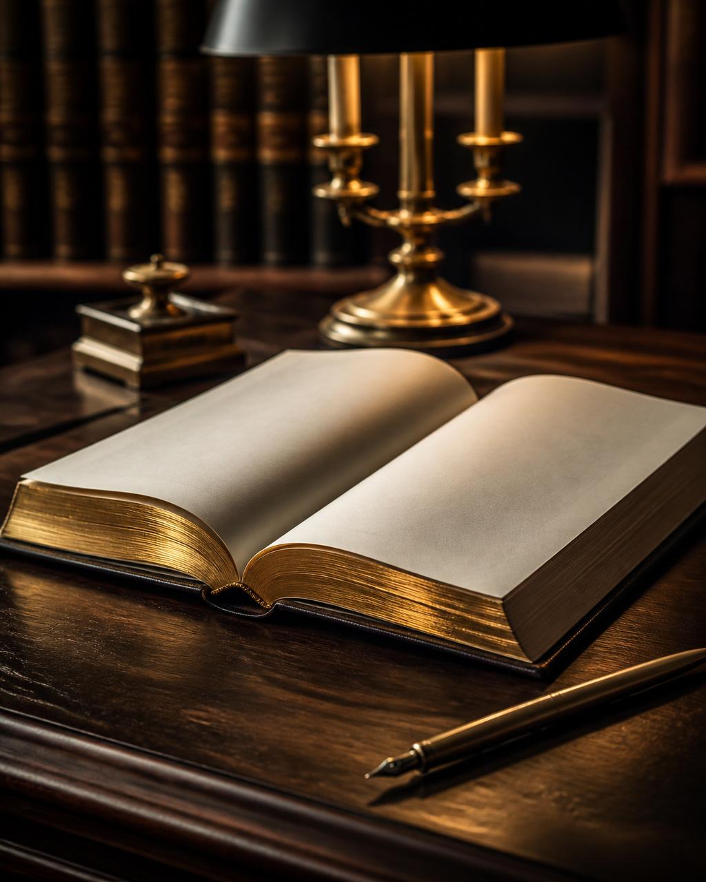A leather-bound statute book with gold-leaf edging open on a walnut desk, brass fountain pen resting alongside