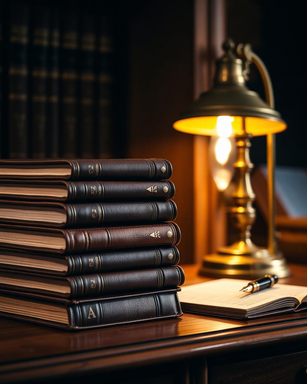 A stack of leather-bound law books on a walnut desk beside a brass reading lamp