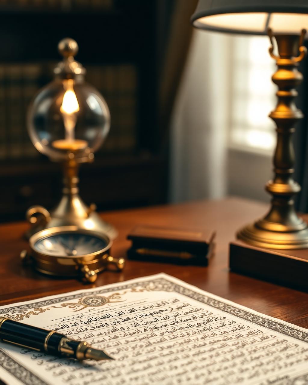 An Islamic finance document with arabesque border resting on a walnut desk beside a brass compass and lamp