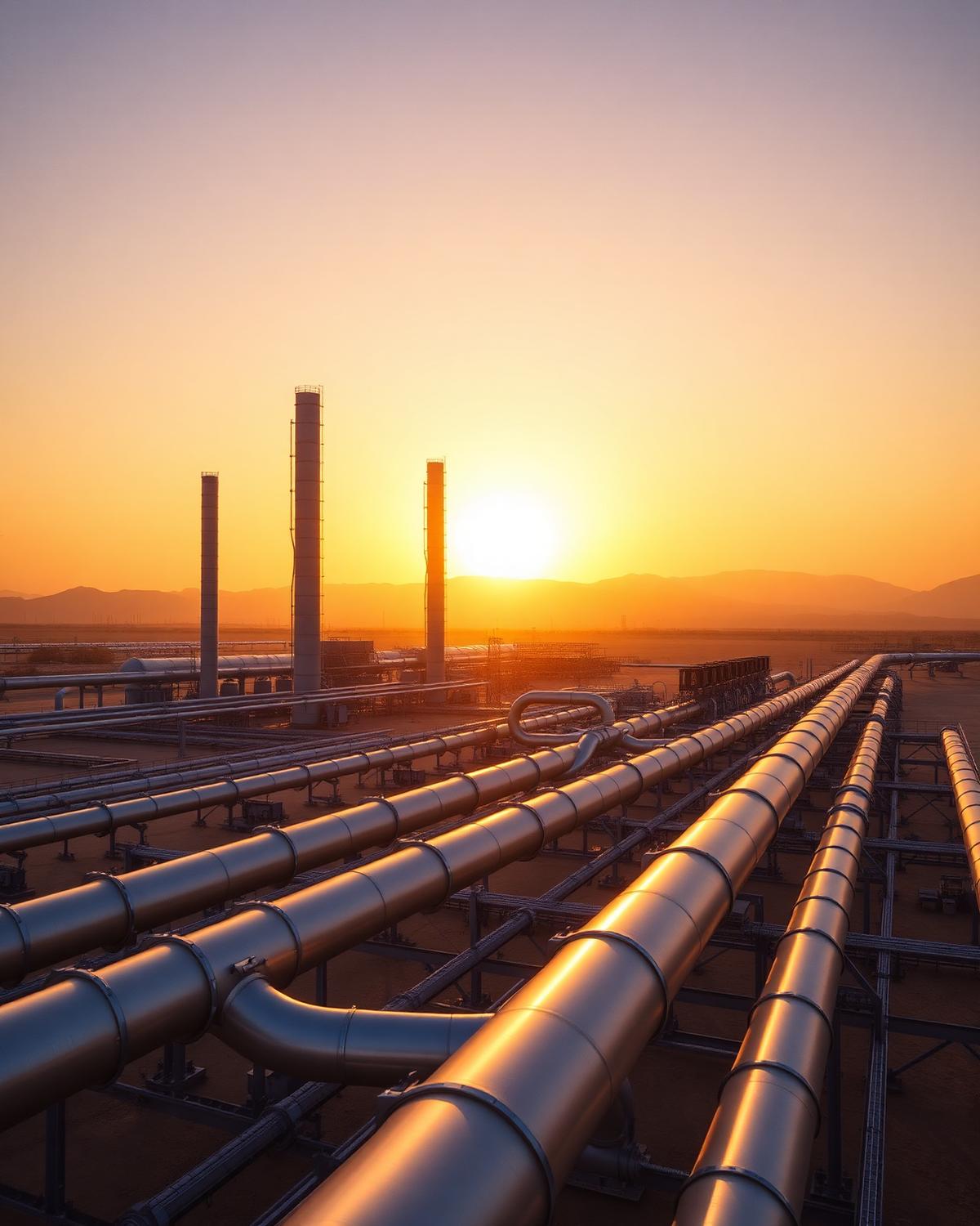 A green hydrogen production facility in Oman at golden hour with pipelines silhouetted against the sun