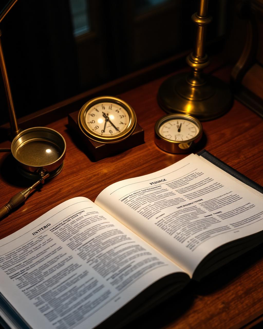An underwriting binder open on a walnut desk beside a brass magnifying glass and vintage clock