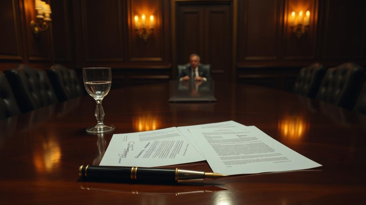 Formal boardroom with signed documents on a polished table