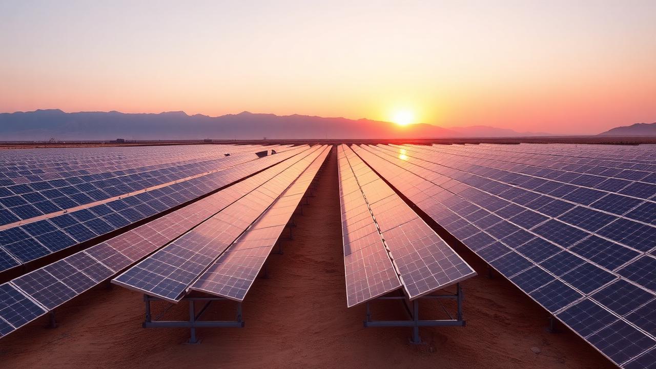 Solar farm at sunrise with the Hajar Mountains in the background