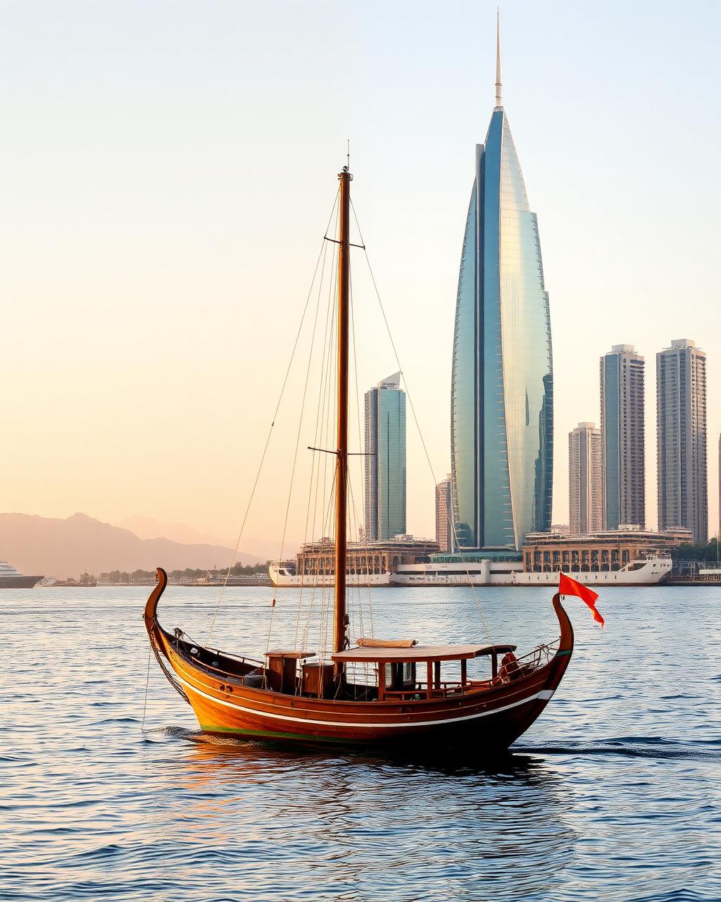 A traditional Omani dhow sailing in front of the modern Muscat skyline