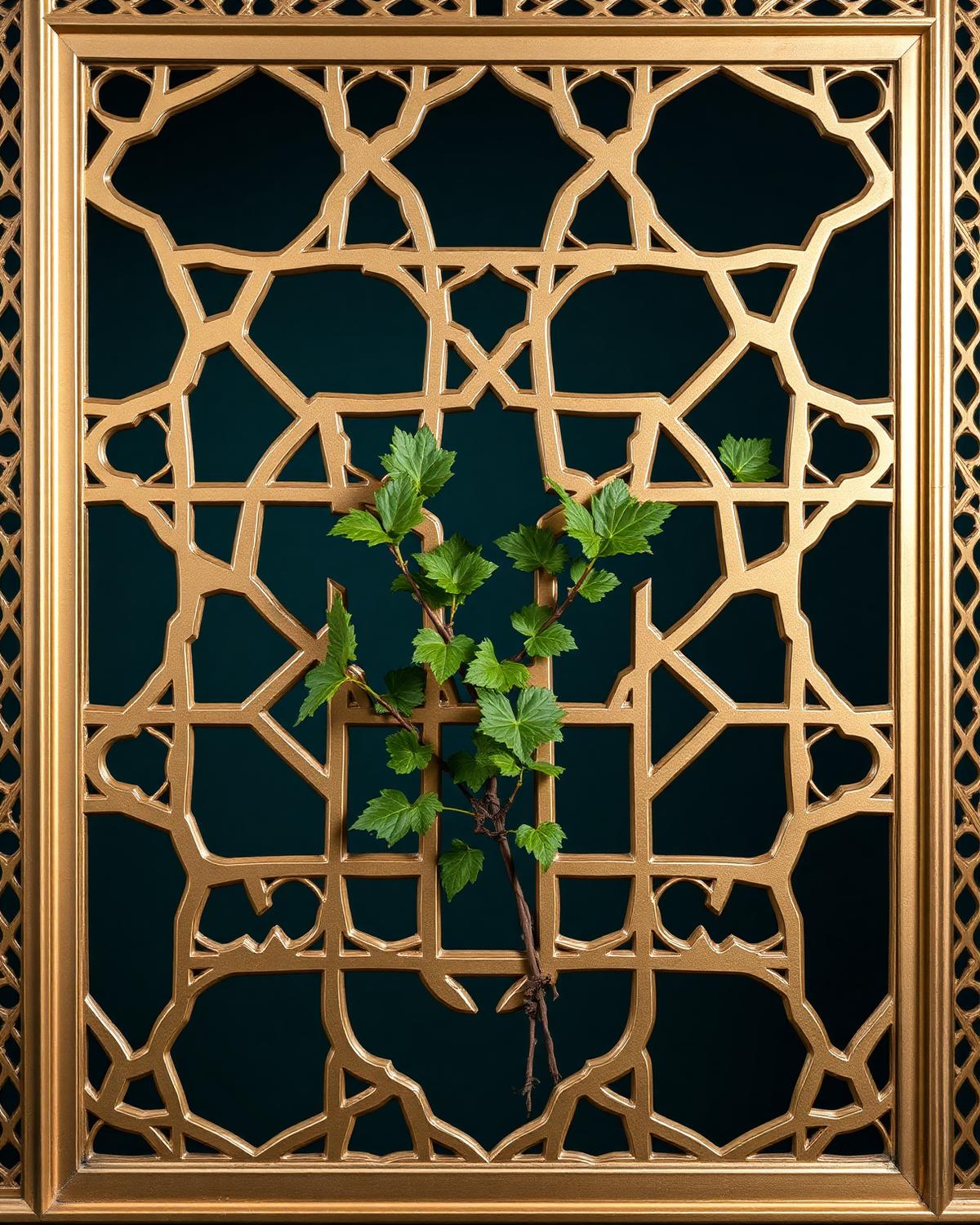 A golden Islamic geometric mashrabiya screen with fresh green vine leaves growing through the lattice