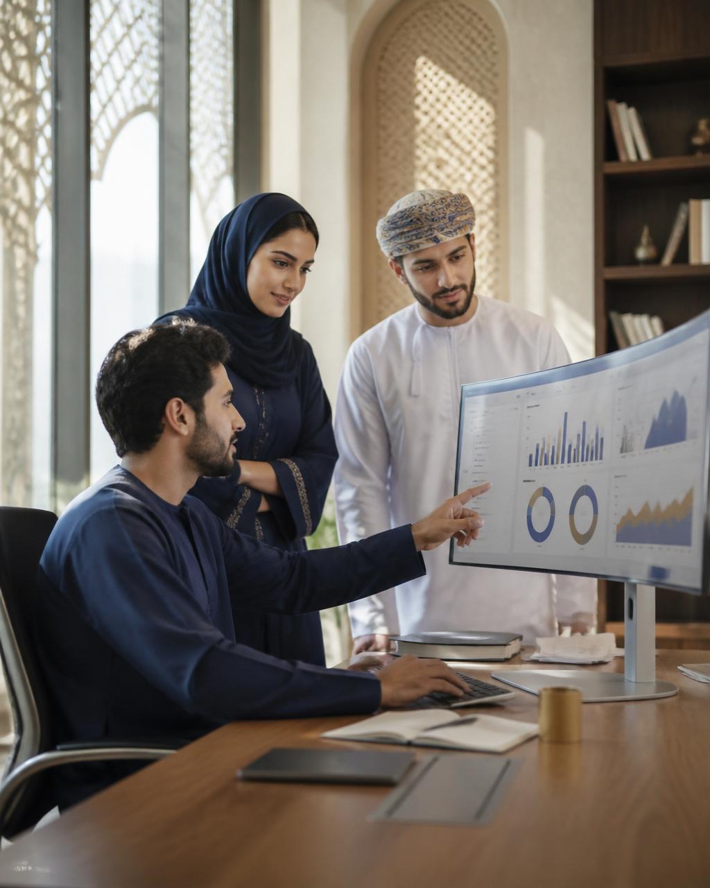 A young Omani product team in a Madinat Al Irfan office, gathered around a curved monitor showing an analytics dashboard