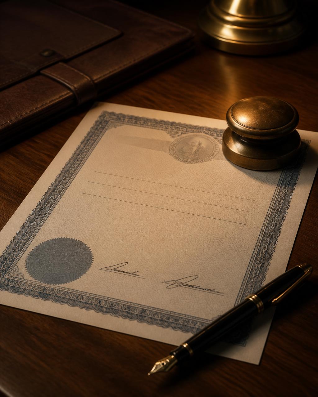 Signed share certificate on a polished walnut desk, with a brass paperweight and a fountain pen