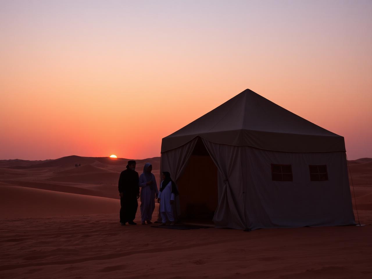 A desert camp at sunset in the Wahiba Sands