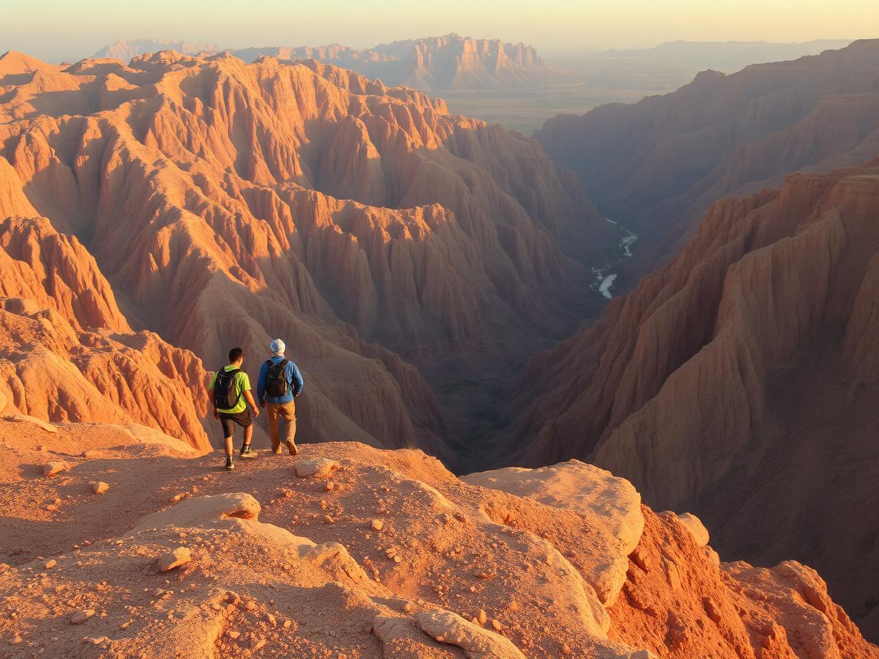 A family hiking along a Hajar Mountain ridge in late afternoon