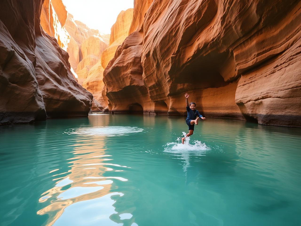 Children jumping into a turquoise wadi pool in the Hajar Mountains