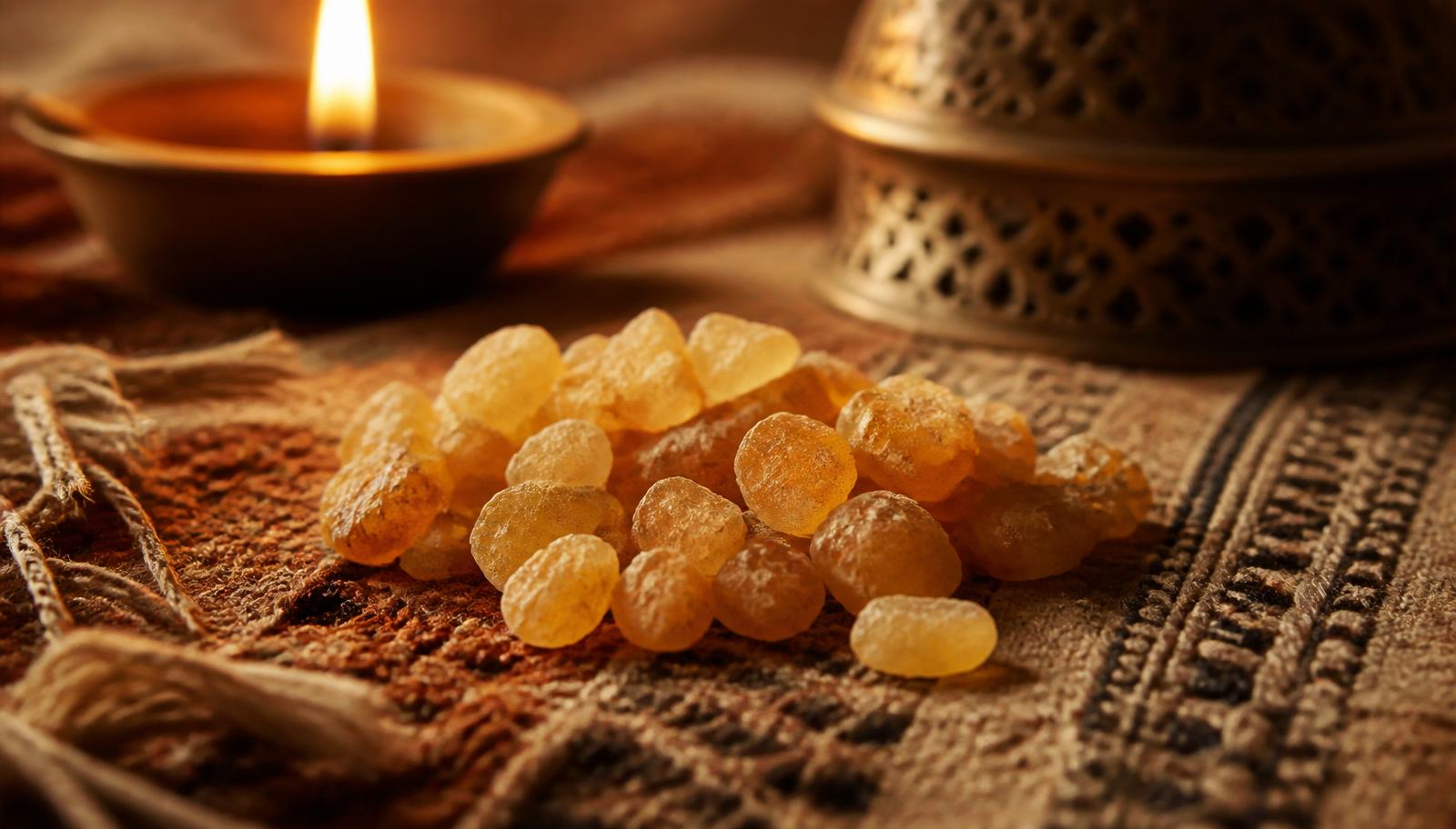 Close-up of golden frankincense resin on a handwoven Omani textile, lit by a small flame