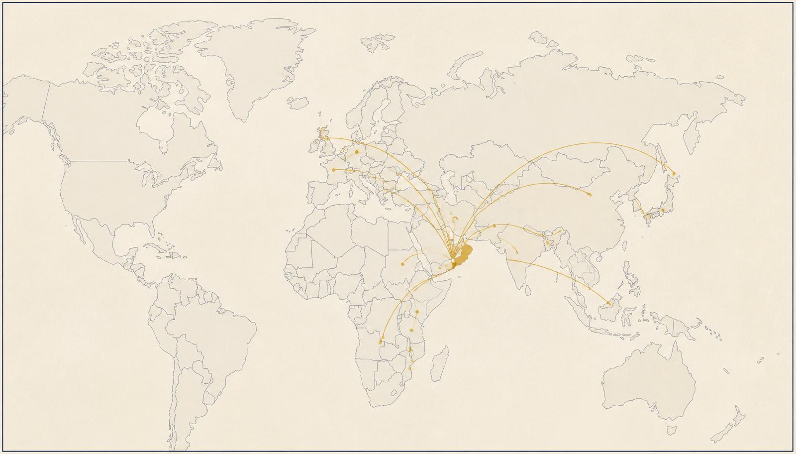 Editorial world map with Oman highlighted as the hub and gold arcs connecting to South Asia, MENA and GCC, East Africa, Europe, and East Asia