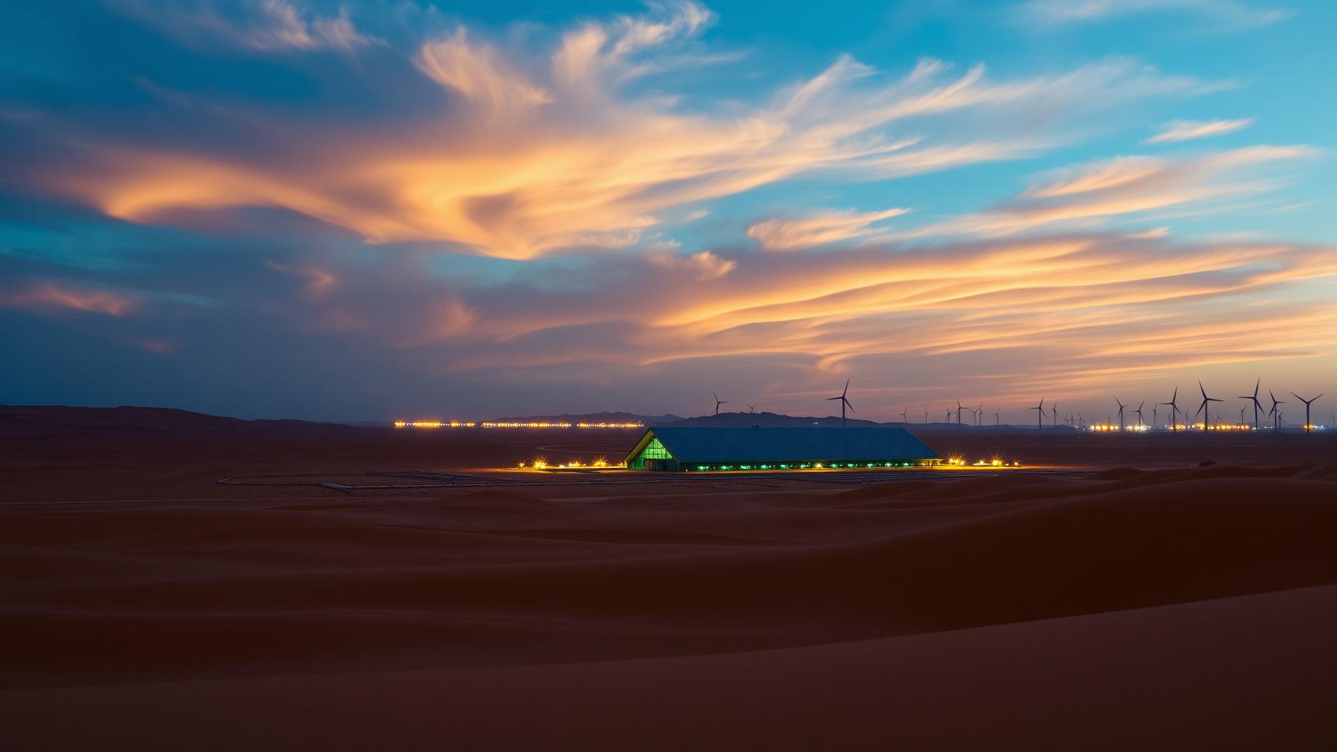 A vast Omani desert landscape at blue hour with solar arrays, wind turbines and a green hydrogen facility on the horizon