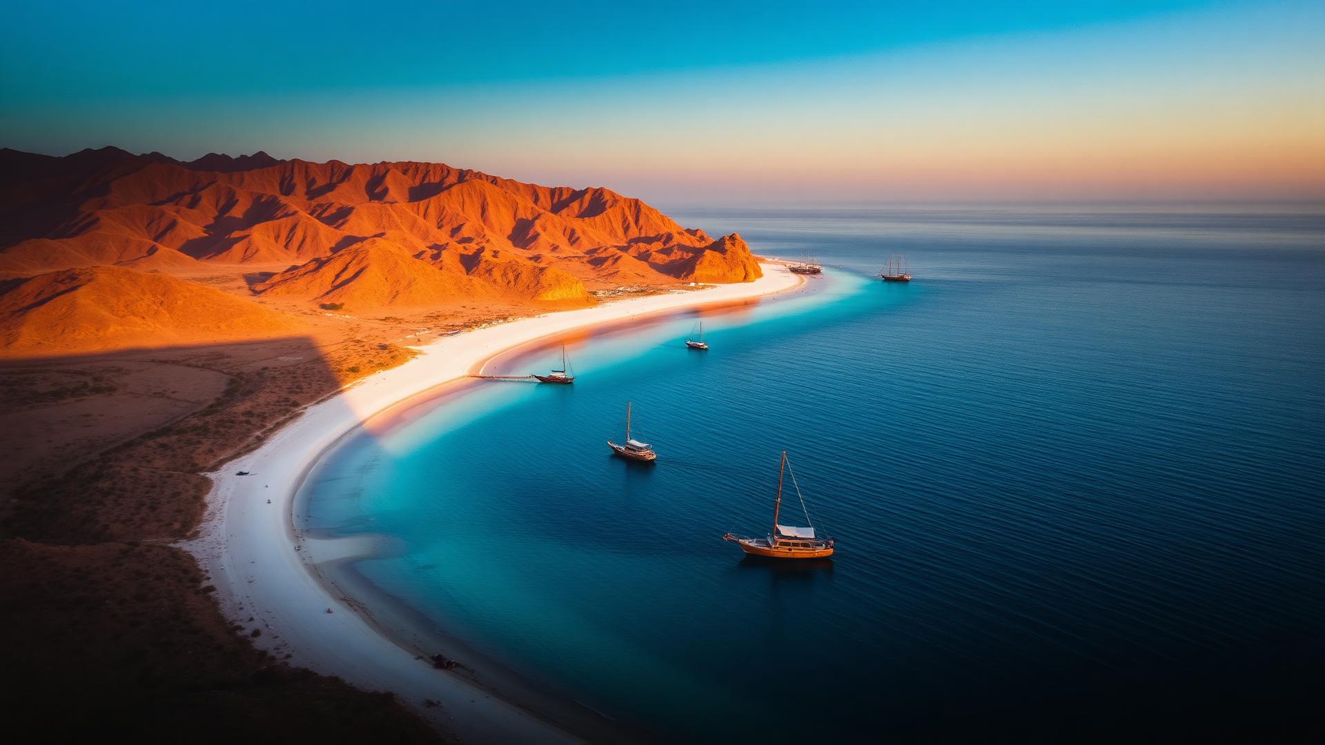 Aerial view of the Muscat coastline at golden hour, with the Hajar mountains framing a turquoise bay