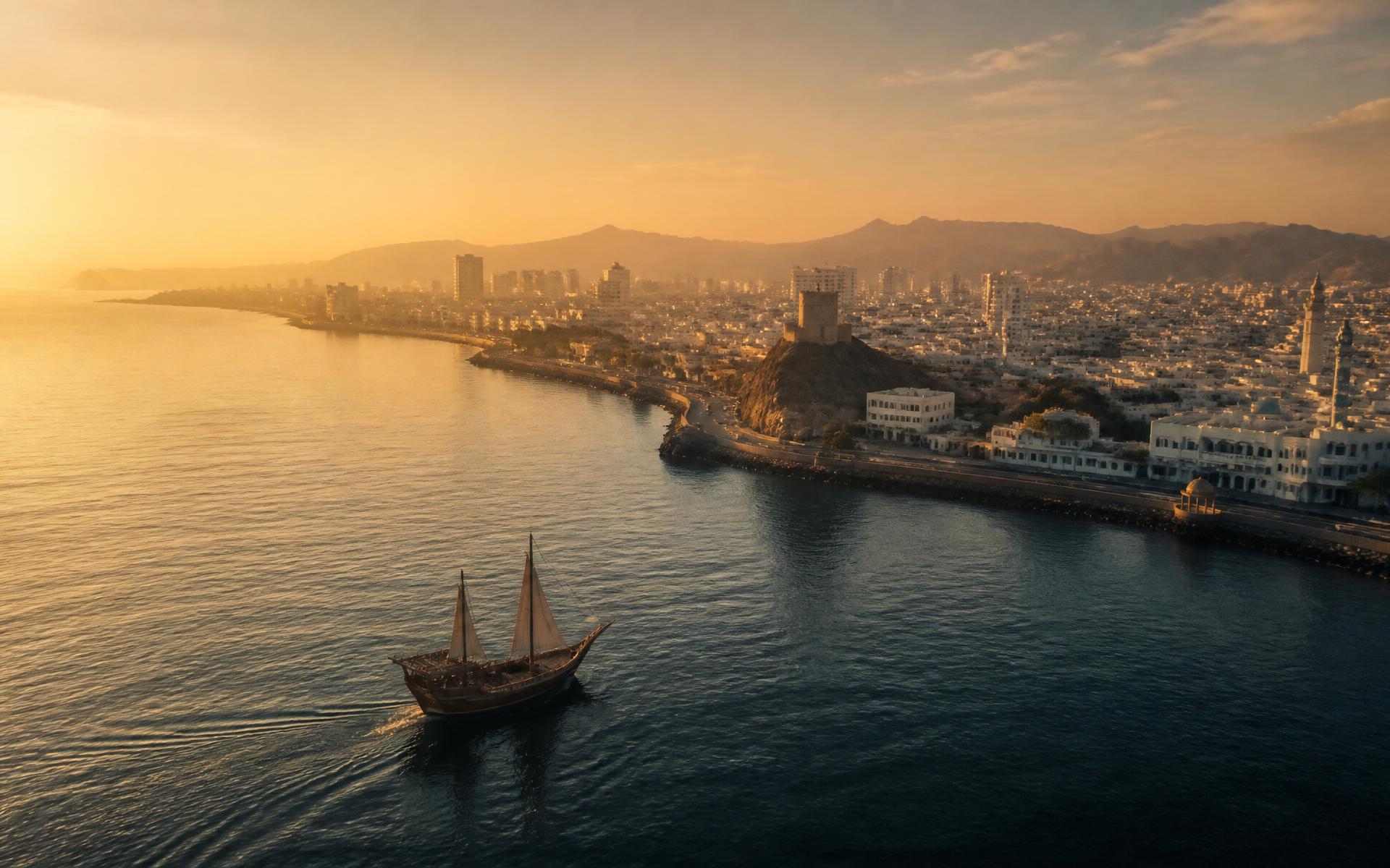 Aerial dawn view of the Muscat coastline along the Sultanate of Oman, a traditional dhow in the foreground and the city skyline glowing in the distance