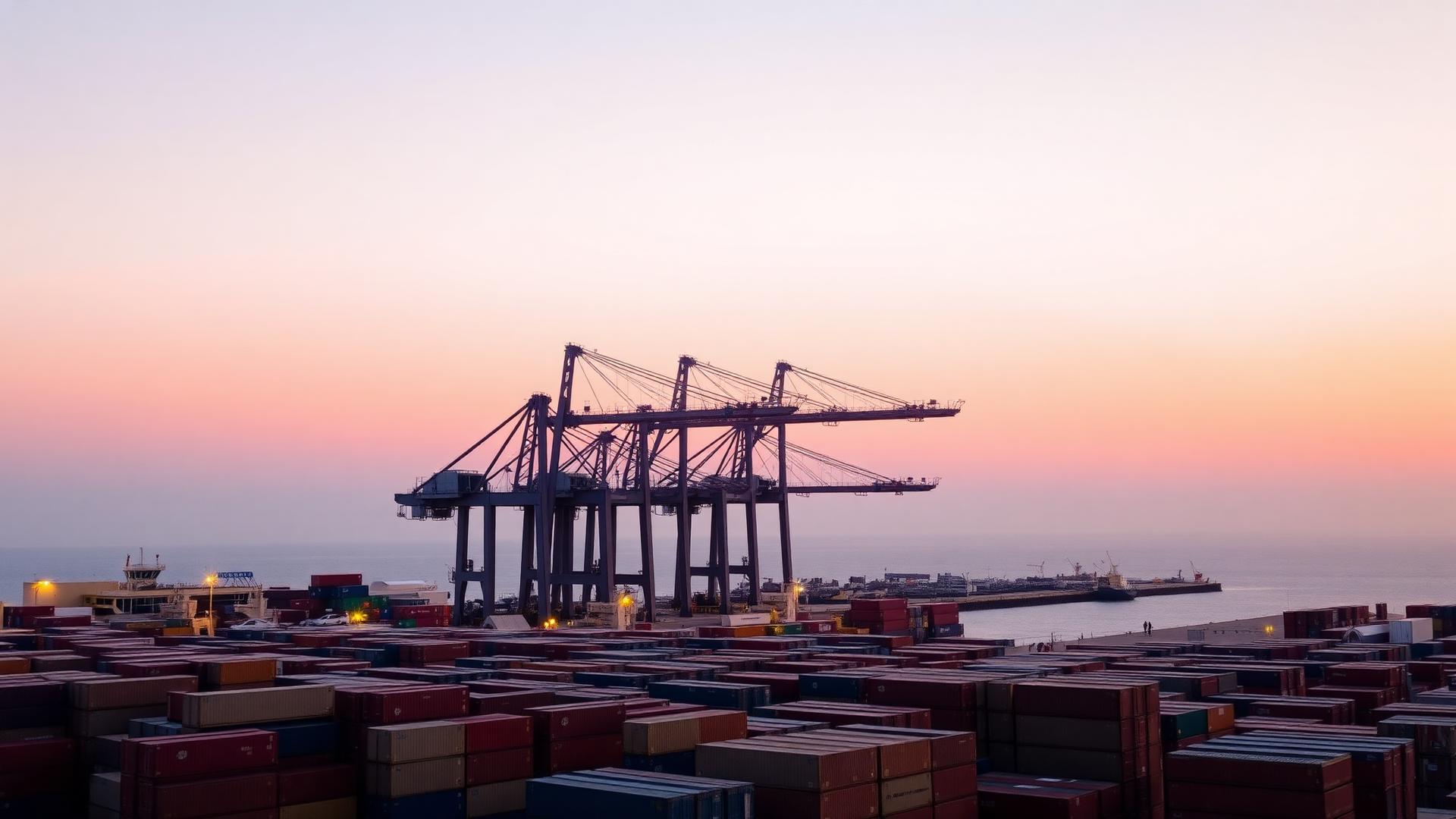 Aerial view of the Port of Sohar at first light with container stacks and gantry cranes silhouetted against the Arabian Sea
