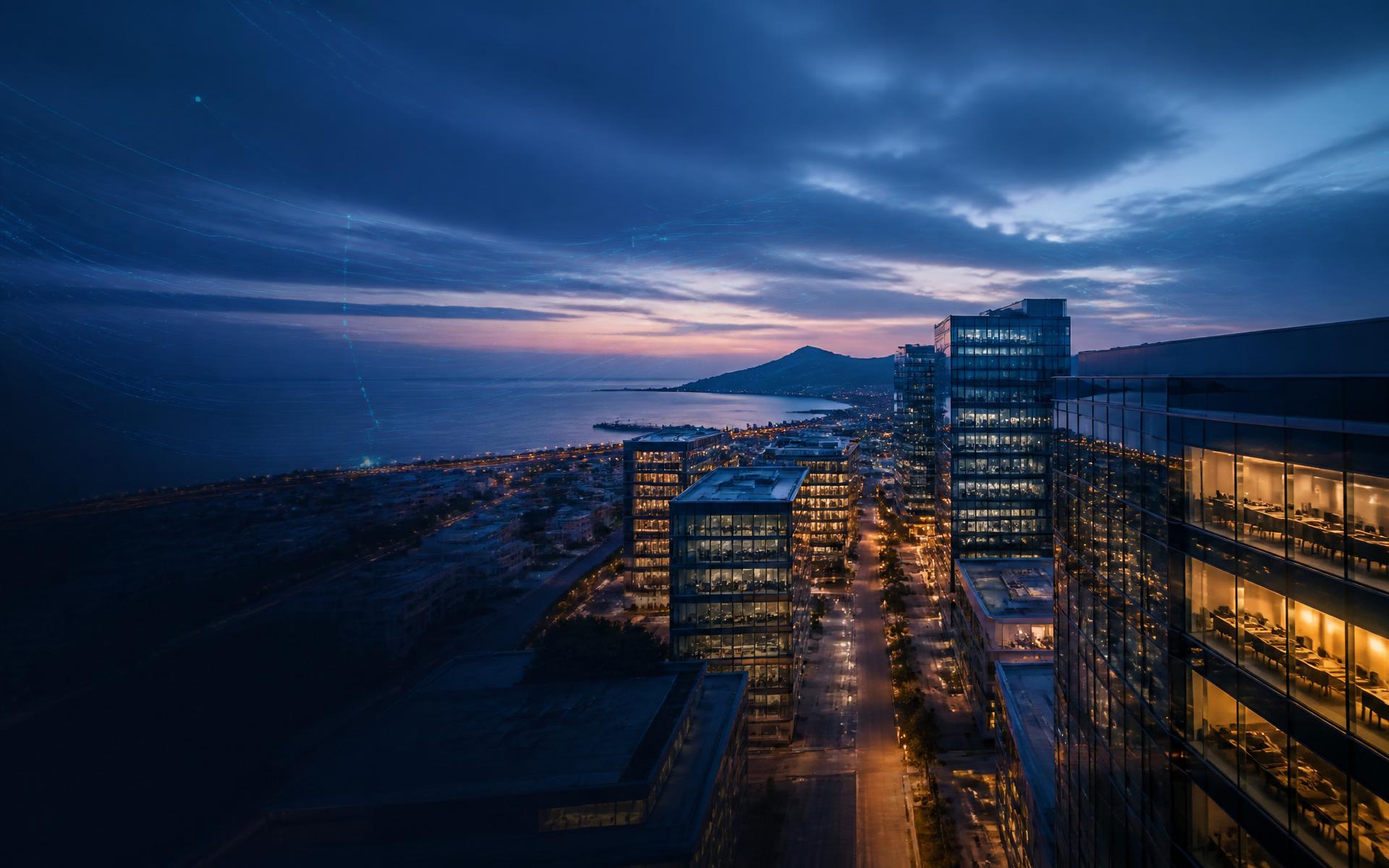 Aerial view of Muscat's modern financial and tech district at blue hour, with warm interior lights and the Arabian Sea on the horizon