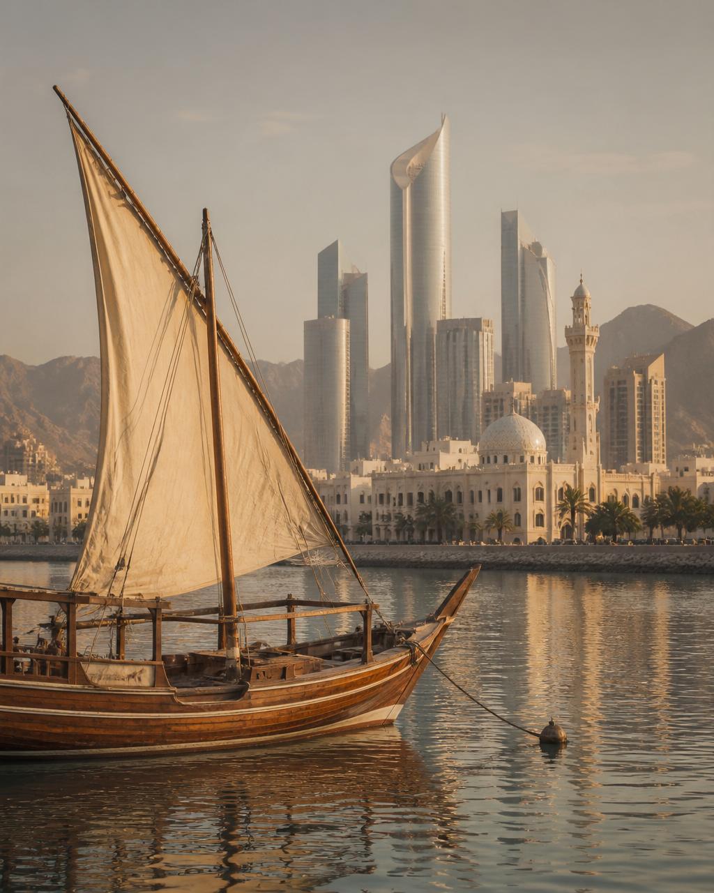 A traditional wooden Omani dhow moored in front of the modern Muscat skyline at dusk