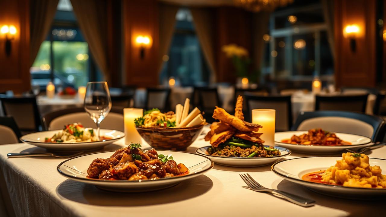 A warm-lit dining table at a Muscat restaurant