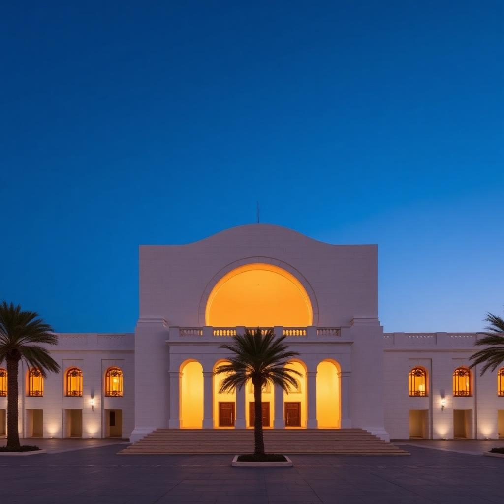 The Royal Opera House Muscat illuminated at dusk