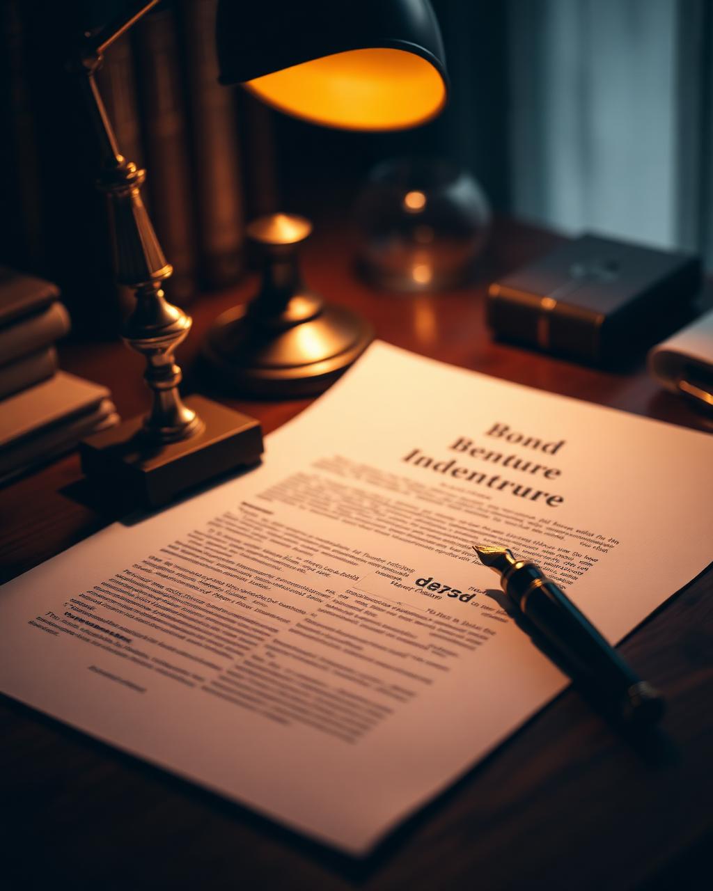 A bond indenture document with a brass paperweight and a fountain pen on a dark walnut desk under a warm lamp