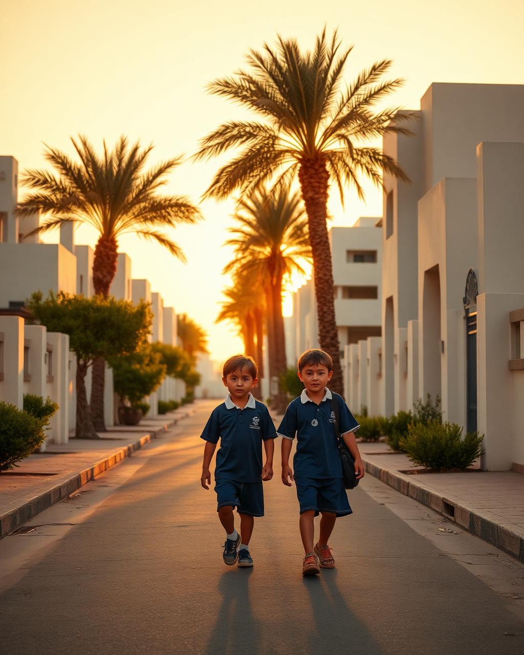 Two children walking home down a quiet Muscat residential street at golden hour
