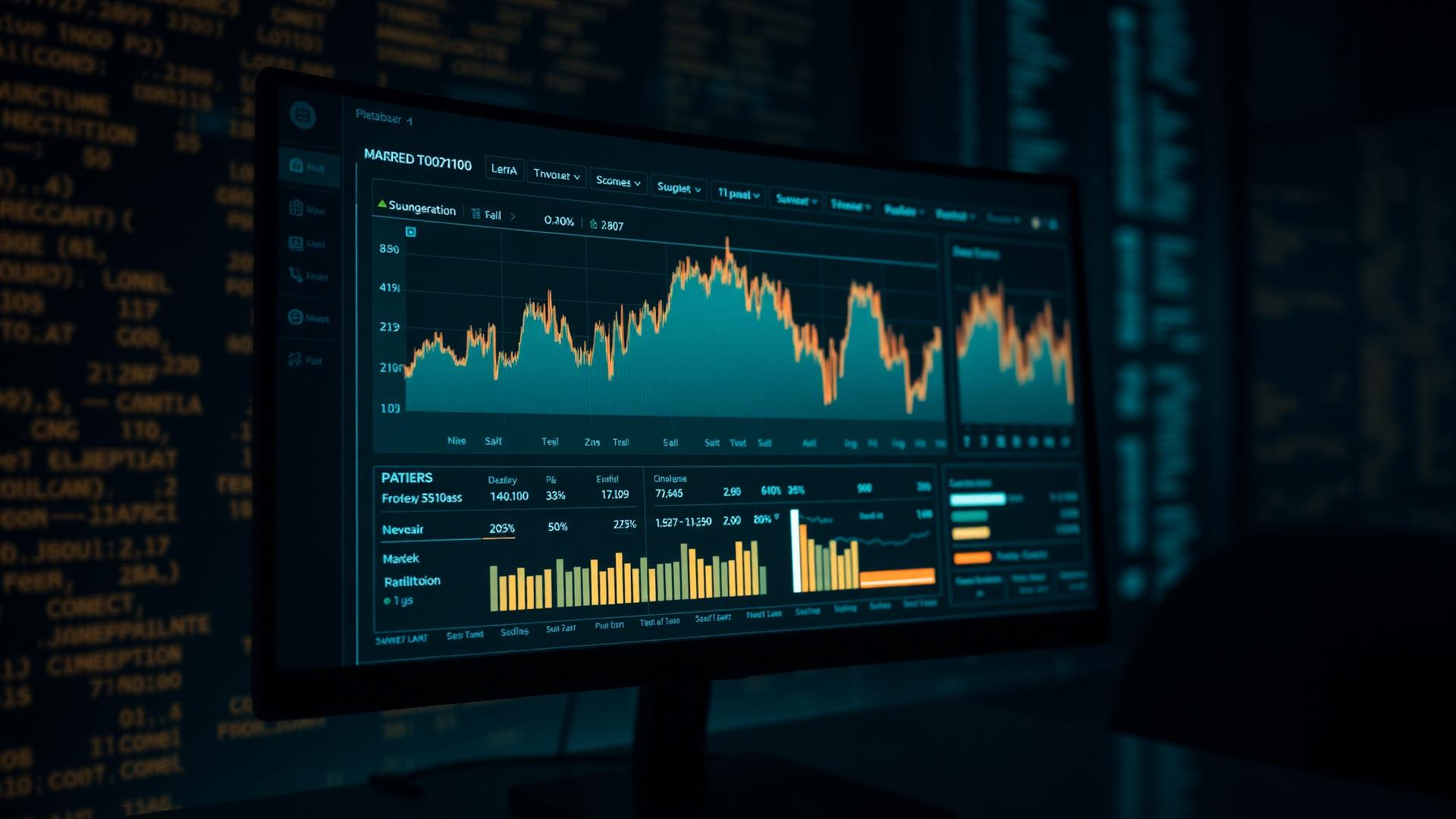 Dark-mode FinTech dashboard with subtle data motion, as seen across a curved monitor