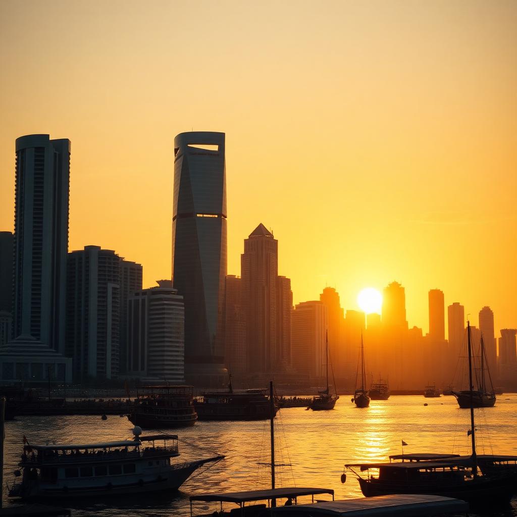 A South Asian financial district skyline at golden hour with a dhow harbour in the foreground