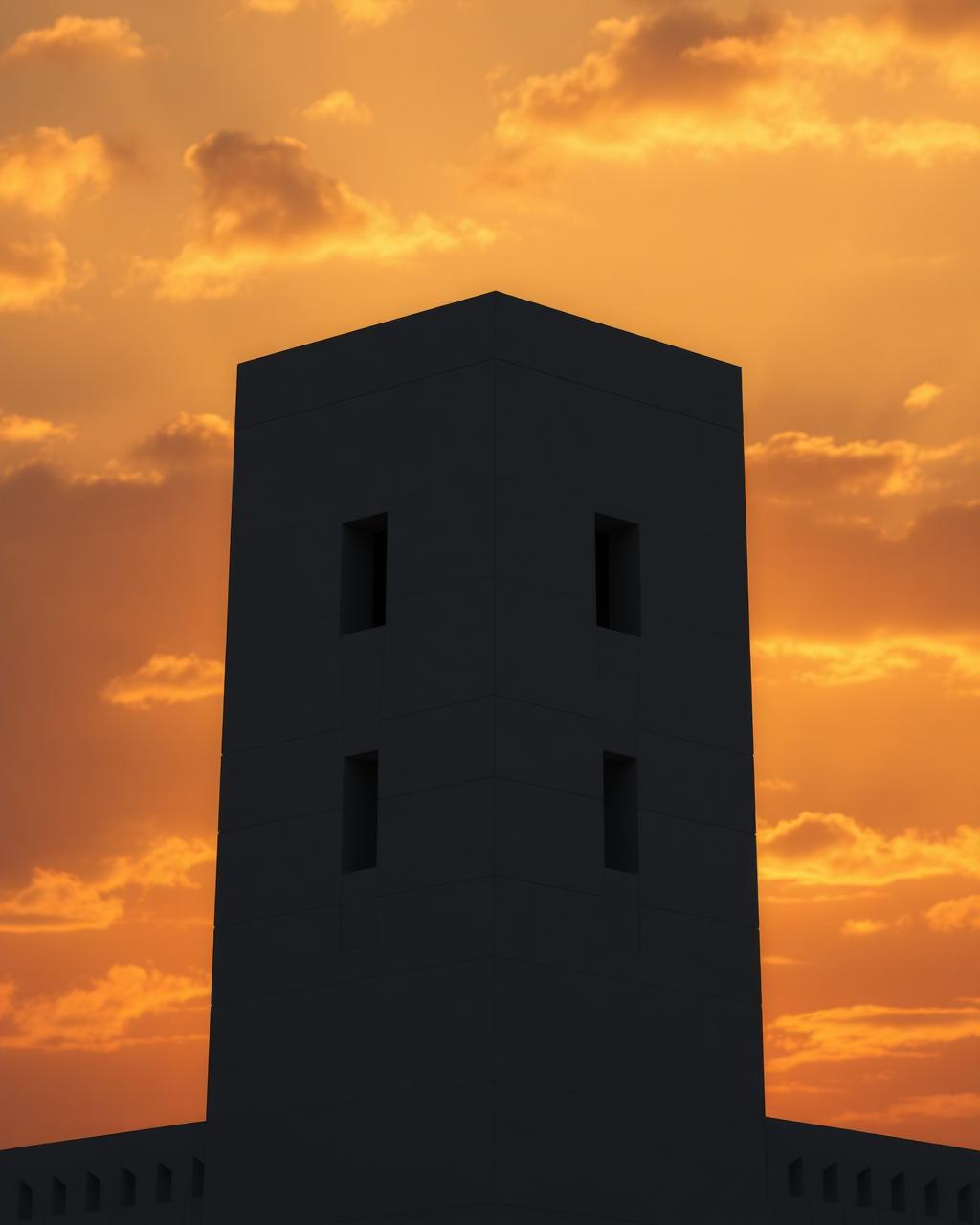 A modern Madinat Al Irfan tower silhouetted against an amber sunset sky
